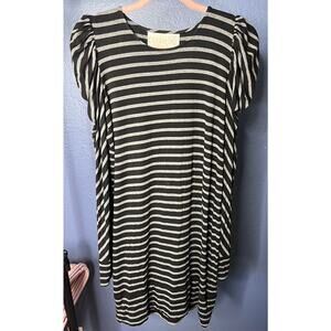 Thread Social Striped Long Puff Sleeve Dress Black Gray Casual Stretch Large